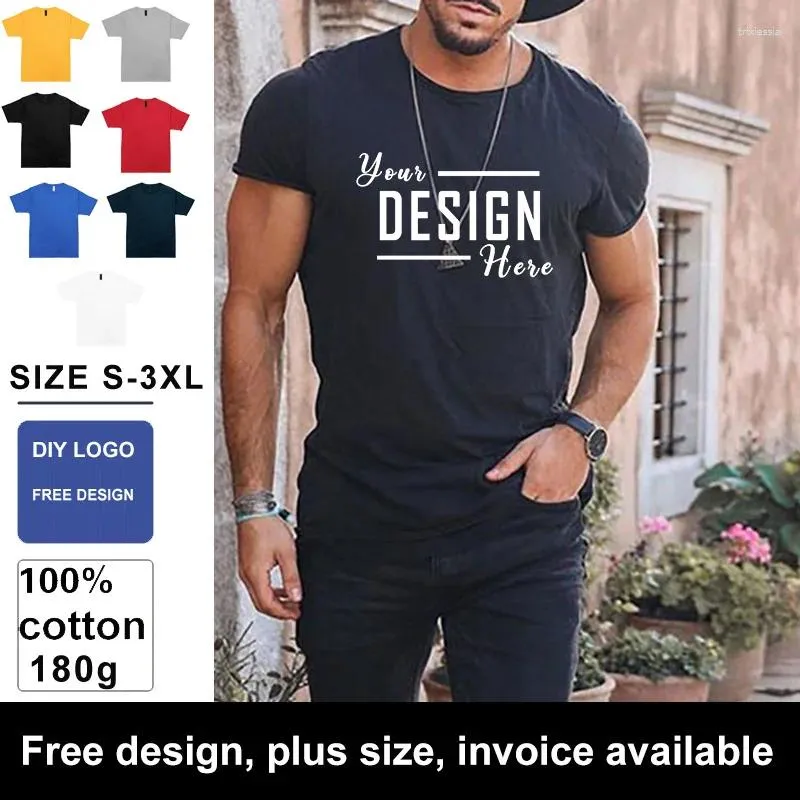 Męskie koszule 180G DIY Twoje projektowanie T-shirty Summer okrągły szyję solidny kolor bawełniany niestandardowy marka plus size xs-3xl