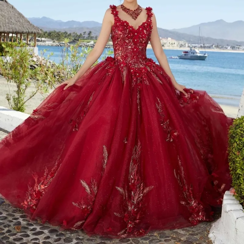 Vestido De fiesta rojo brillante con forma De corazón, Vestidos De quinceañera, apliques De cuentas De encaje, cristal con capa con cordones, 16 Vestidos De 15 anos