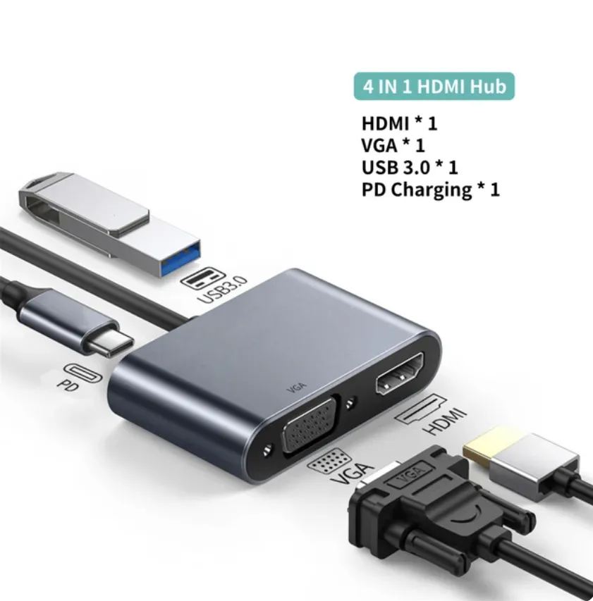 Hub 4 en 1 compatible 4K Type C vers HDMI, Station d'accueil USB C 3.0, adaptateur VGA PD pour ordinateur portable, TV, câble PC