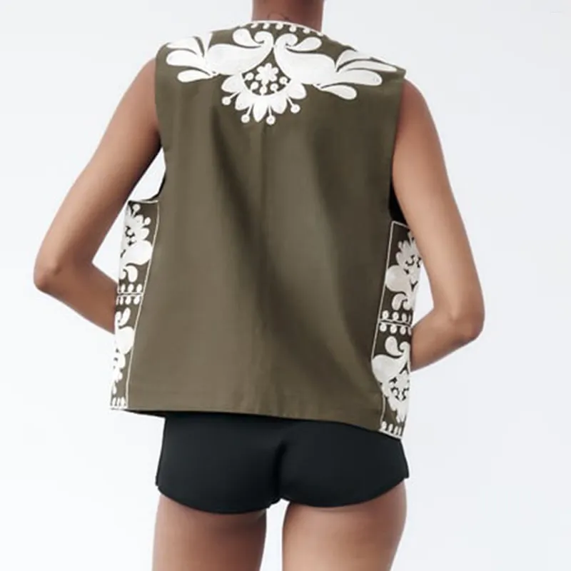 Gilet pour femme - Haut décontracté brodé Y2k - Chemise ouverte sans manches - Coupe ajustée - Imprimé floral - Confortable - À porter au quotidien - Vêtements de plage