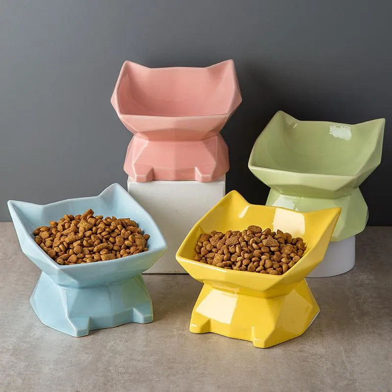 Alimentazione Simpatica mangiatoia per animali domestici Ciotola Cartoon Cat Ear Shape Highfoot Bocca singola Skid Proof Ciotole per gatti in ceramica Ciotola per cibo per gatti Prodotti per animali domestici