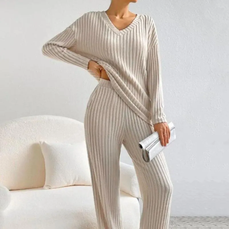 Calças femininas de duas peças manga longa conjunto de pijama senhora roupas de inverno aconchegante camisola de malha elegante decote em v solto ajuste cintura elástica para