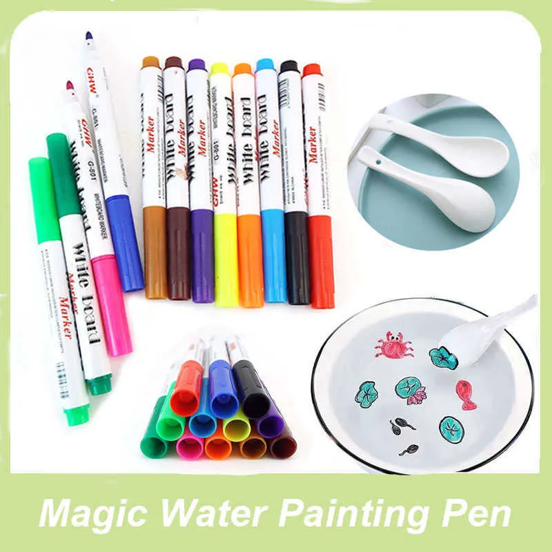 12PCSWATERCOLOR Fırça Pens Kids DIY Çizim Yüzer Silinebilir Su Tabanlı Sihirli Beyaz Tahta İşaretçisi Kalem Kiremit Tile Onarım Duvarı Erken Eğitim Öğretimi için P230427