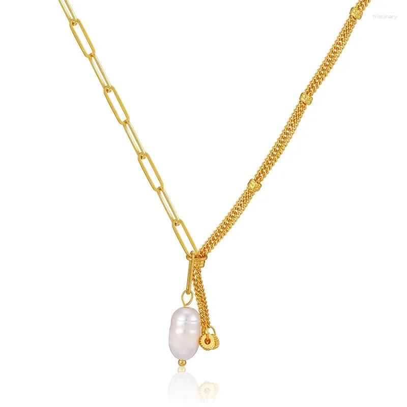 Hänghalsband allme elegant 18k real guldpläterad mässing naturligt sötvatten pärla tassel asymmetri kedja chokers för kvinnor
