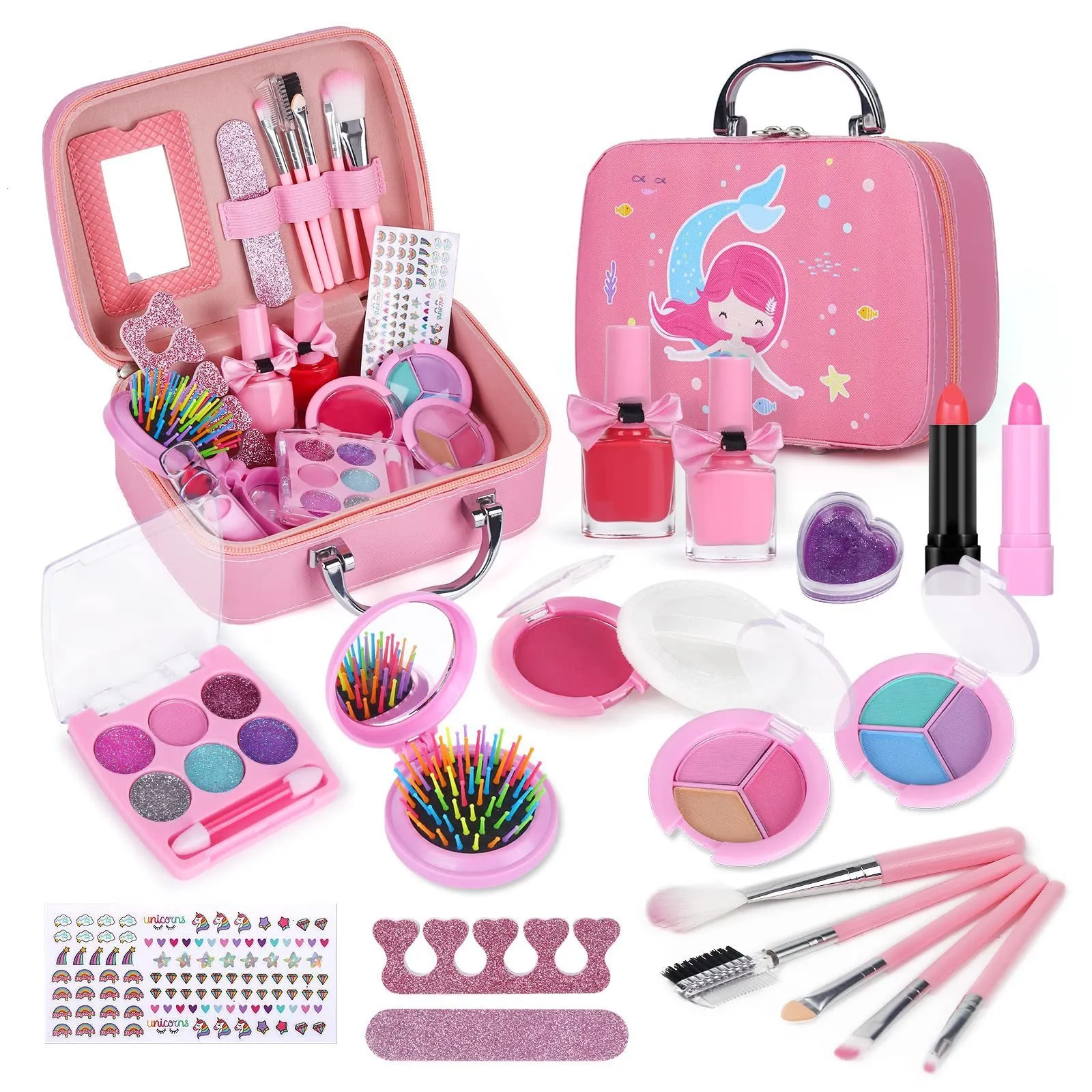 Beauty Fashion Girls Real Makeup Kit Washable Princess Play Set Kids Toys Safe Non Toxic Pretend Birthday For Gifts 230427