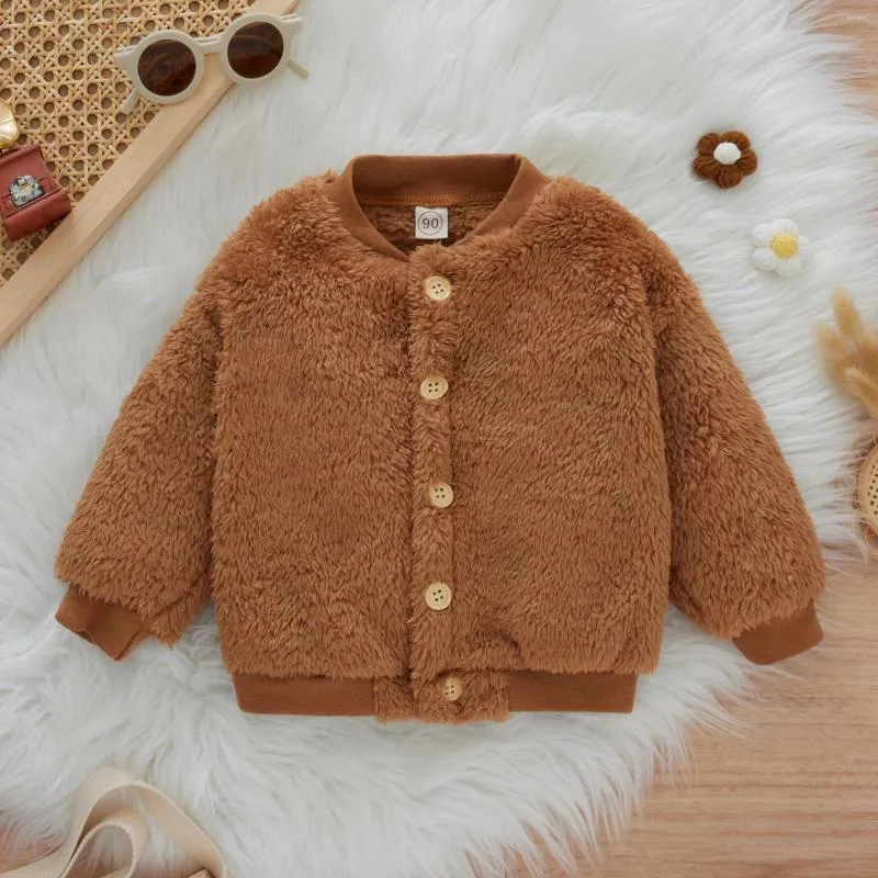 Vestes vêtements d'extérieur en peluche pour bébé enfants filles garçons hiver à manches longues polaire couleur Pure manteau Cardigan avec bouton mode enfants