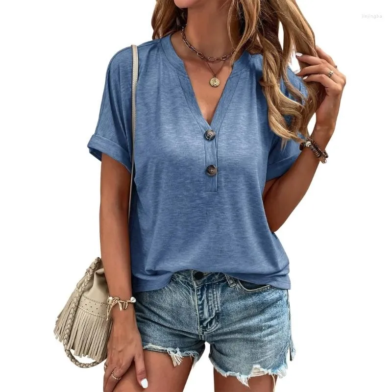 Kvinnors T-skjortor Kvinnor Roll-up Short Sleeve Button Front Split V-Neck Bluses T-shirt Summer Casual Loose Plain Color Pullover Top