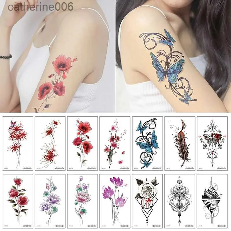 Tatuaggi Adesivi colorati per disegni Piccoli adesivi per tatuaggi temporanei impermeabili Fiori colorati ad acquerello Foglie Pianeta Donne Body Art Polso Collo Tatuaggi finti UominiL2
