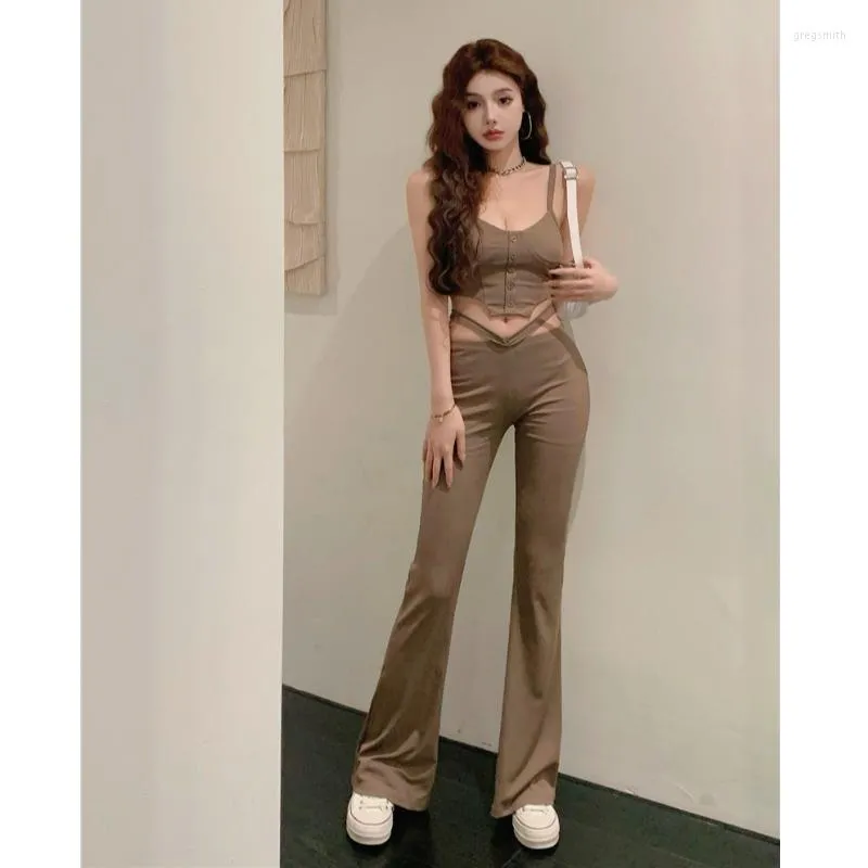 Women's Pants Women Suit 2023 Solid Sexy V-shaped Waist Wide Leg Tight Design Suspender Vest Fashion Two-piece Set