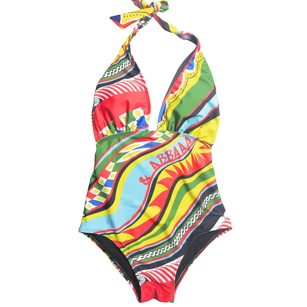Sexy Halter One Piece Biquinis Women Backless Swimwear Fashion Print Padded Swimsuit Summer Holiday Swim Bikinis