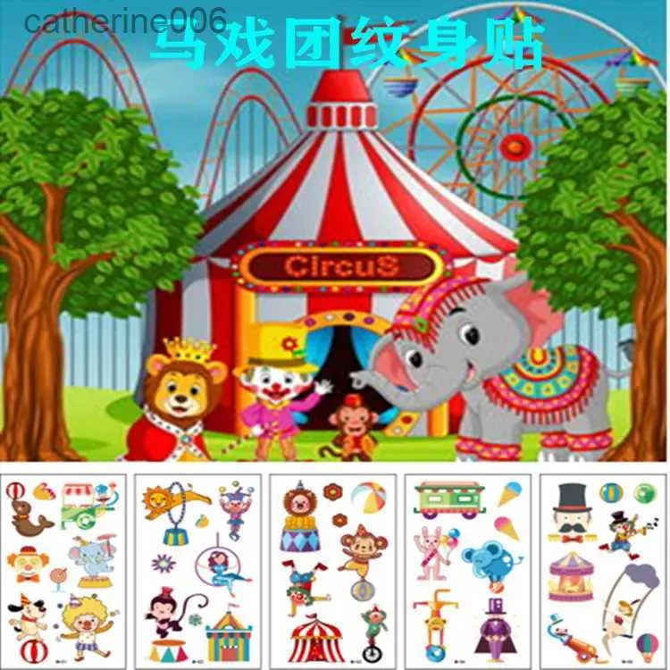 Tattoos Colored Drawing Stickers 10PCS Circus Temporary Tattoo Stickers Creative Funny Clown Animal DIY Arm Face Hand Disposable Tattoo Sticker For KidsL231128