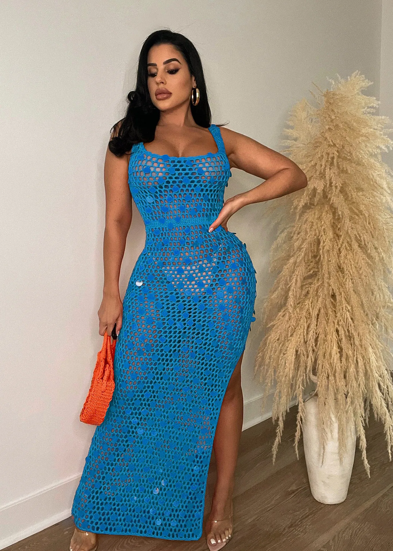 knee length dresses for ladies Marine Mist Sequin Knit Maxi Dress Champagne main image 0