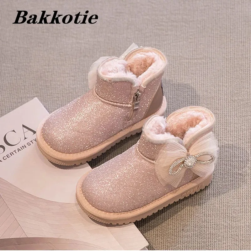 Botas meninas neve inverno criança crianças moda marca princesa chelsea tornozelo bebê sapatos de pele quente crianças bowtie macio 231127