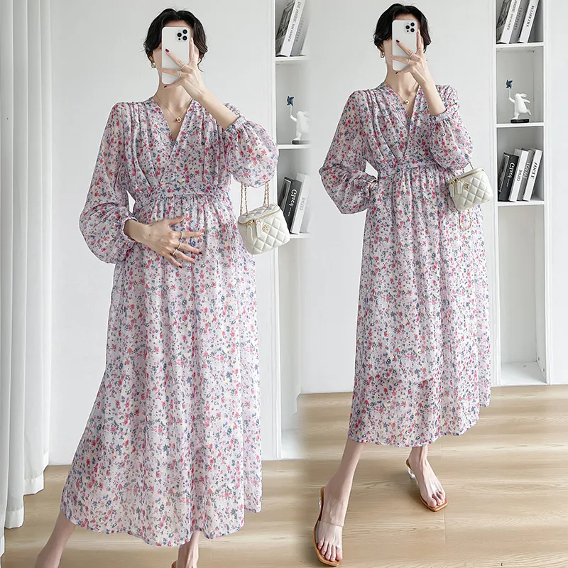 Robes de maternité 2301 # printemps mode coréenne imprimé fleuri en mousseline de soie robe longue de maternité élégante une ligne sur col en V vêtements de grossesse 230428