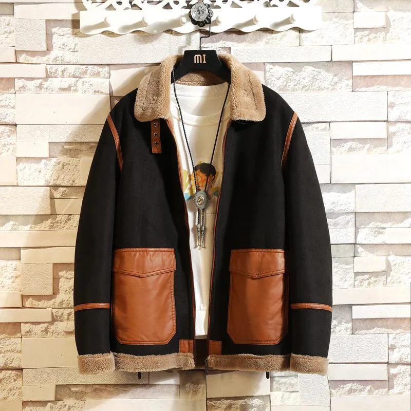 Men's Jackets Leather Plush Thickened Winter Fashion Leisure Fur One-piece Jacket Lapel Lamb Cashmere Cotton