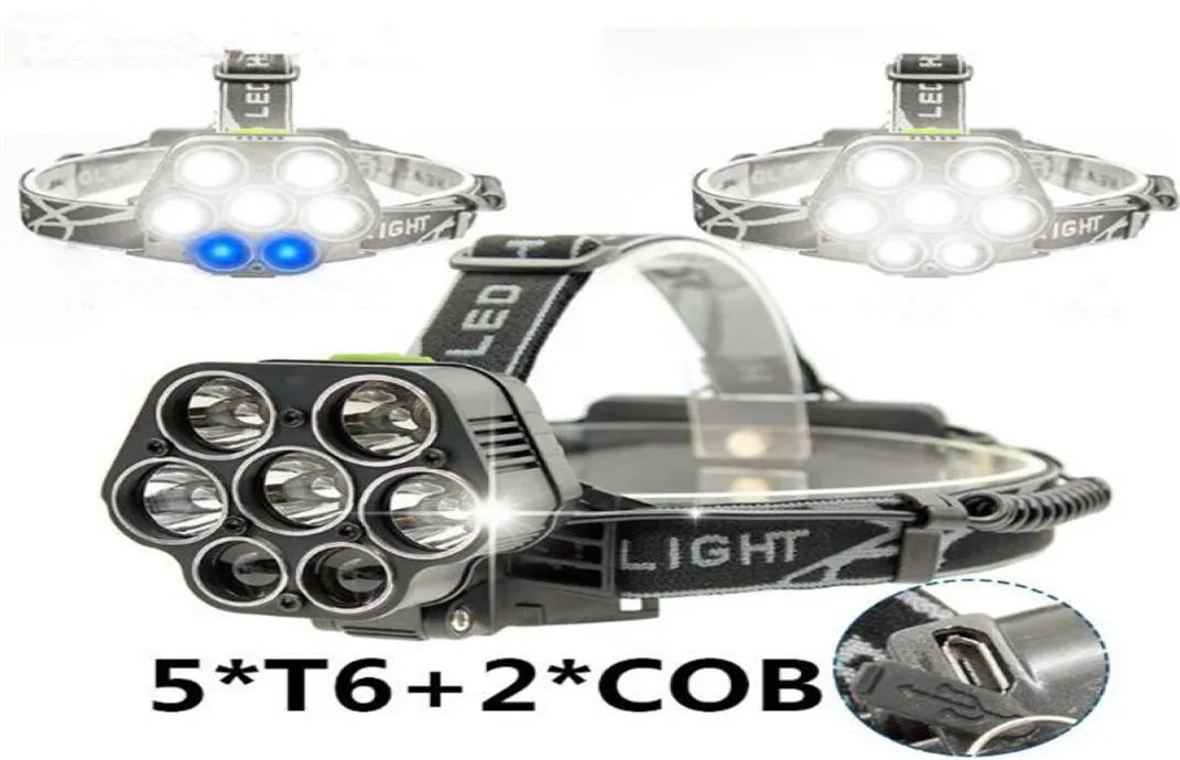 6 MODE 5LED 2COB USB RECHARGEABLE LED Head Light Lamp T6 Outdoor Camping Fiske Huvudljusets strålkastare Power år 18650 Battery9929444