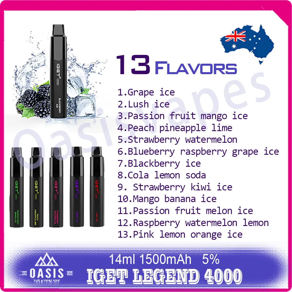 Stylo vape jetable original IGET LEGEND 4000 bouffées, niveau 5%, 14ml, bouffées Pld pré-remplies, batterie 4k 1500, cigarettes électroniques