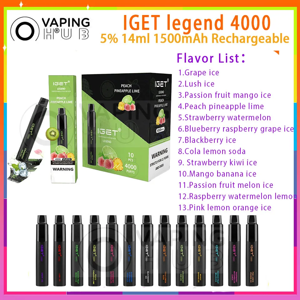 Autêntico IGET Legend 4000 Puff Descartável Vape Pen Mesh Bobina Recarregável 1500mAh Bateria Vaper 5% 14ml Pré-preenchido Pod 13Flavors Puffs 4K E Cigarro