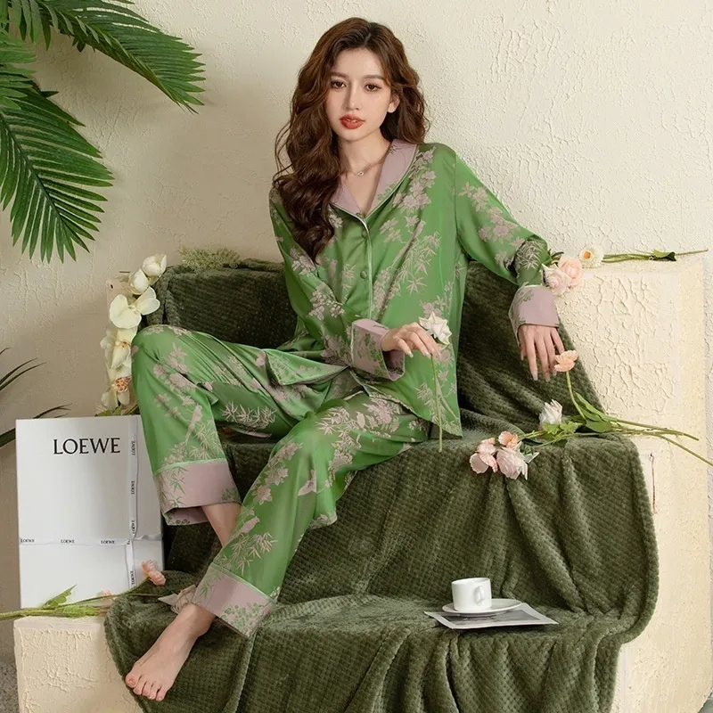 Ice Silk Pajama Set Floral 2024 Spring Autumn Women s Sleepwear Set