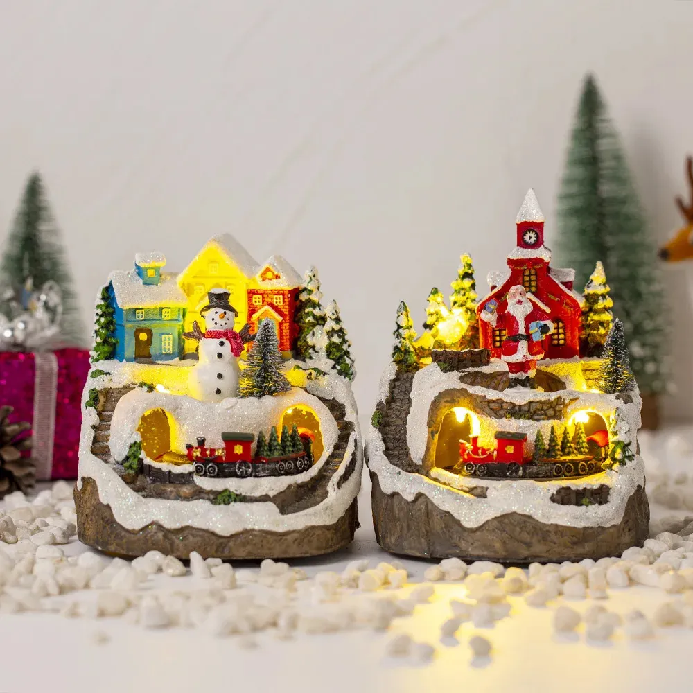 Obiekty dekoracyjne figurki świąteczne dom wioski elektryczne elektryczne pudełko muzyczne świecący świąteczny śnieg Święty Mikołaj Miniaturowe ozdoby Xmas 231127