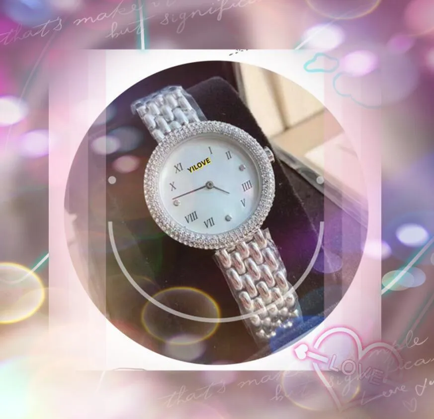 Relógio feminino popular com anel de diamantes completos, relógio de bateria de tamanho pequeno, movimento de quartzo, negócios, lazer, pulseira de aço inoxidável, design de dois pinos, presentes de relógio de pulso