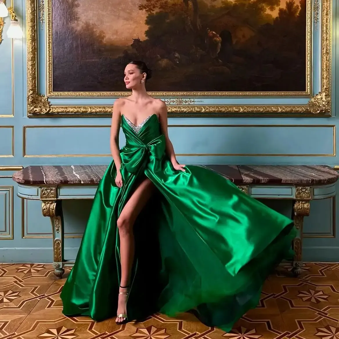 Green Satin Prom Dress with High Slit and Bow Sash, Sleeveless Sweetheart Neckline, Floor-Length A-Line Gown with Sequins and Built-in Bra from Dhgate Prom Dresses - price 104.93 Green Satin Prom Dress with High Slit and Bow Sash, Sleeveless Sweetheart Neckline, Floor-Length A-Line Gown with Sequins and Built-in Bra from Dhgate Prom Dresses - price 104.93