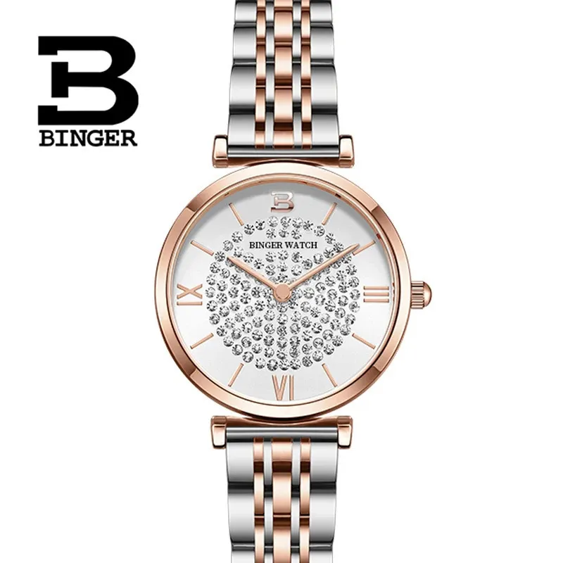 Kvinnors klockor Switzerland Binger Luxury Brand Japan Miyota Quartz Women's Watches Diamond rostfritt stål vattentäta retro damer klockor B522 231128