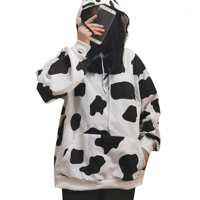 Moletons femininos vaca algodão impressão de algodão enorme moletom moletom harajuku bolso com capuz fêmea com capuz de manga comprida