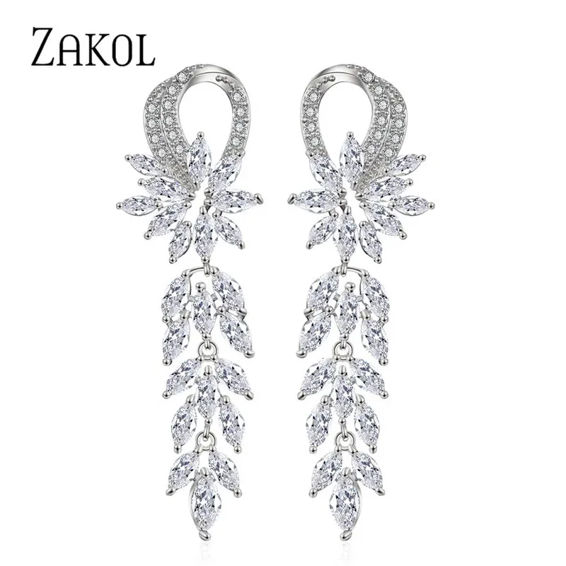 Stud ZAKOL Liquidation Luxe Magnifique Marquise Cluster Fleur Forme Cubique Zircone Longue Dangle Boucles D'oreilles Mariées Bijoux De Mariage 231128