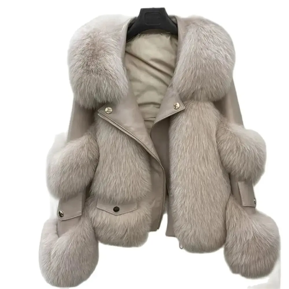 Mélanges de laine pour femmes vêtements de sortie d'hiver hauts chauds courts manteau de fourrure de renard imitation cuir pleine fourrure de renard veste de moto de luxe femmes 231127