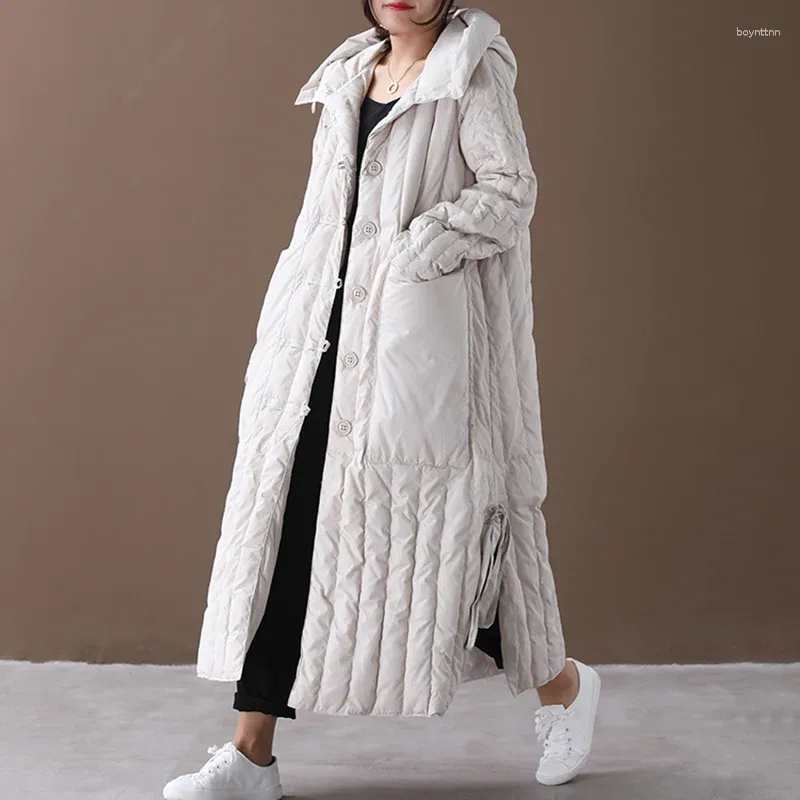 Cappotto lungo da donna in piumino invernale sciolto di grandi dimensioni con cappuccio tasca grande monopetto (tessuto in piumino) camicetta addensata di alta qualità femminile YR1