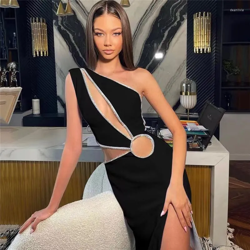 Casual Dresses Summer Women's Cut Out Bandage Dress Black One Shoulder Slit Mini Bodycon Party Club Wear Elegant Sexy Sleeveless