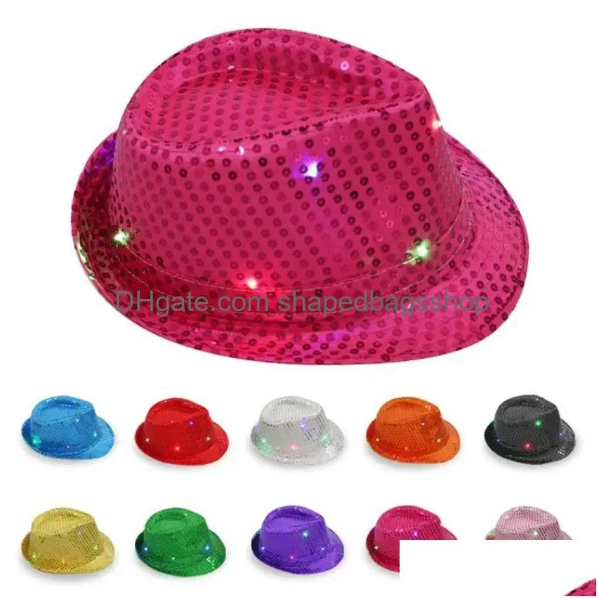 Party Hats Led Jazz Party Hats Flashing Light Up Fedora Trilby paljetter Caps Fancy Dress Dance Uni Hip Hop Lamp Lamp Luminous Hat Drop Deliv Dhjz9