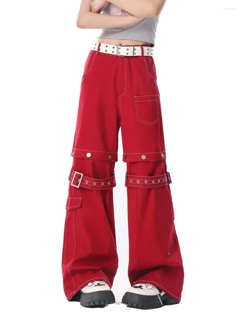 Jeans da donna Tasca da lavoro rossa Pantaloni gamba rimovibile americani Pantaloni larghi casual Wide Street Y2K Trend