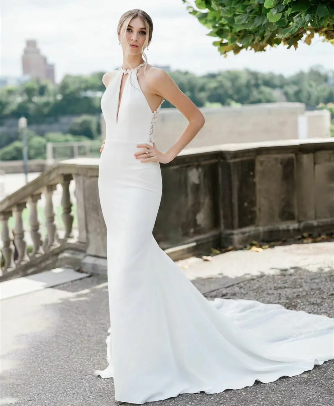 Long Crepe Halter Mermaid Wedding Dress with Open Back and Court Train
