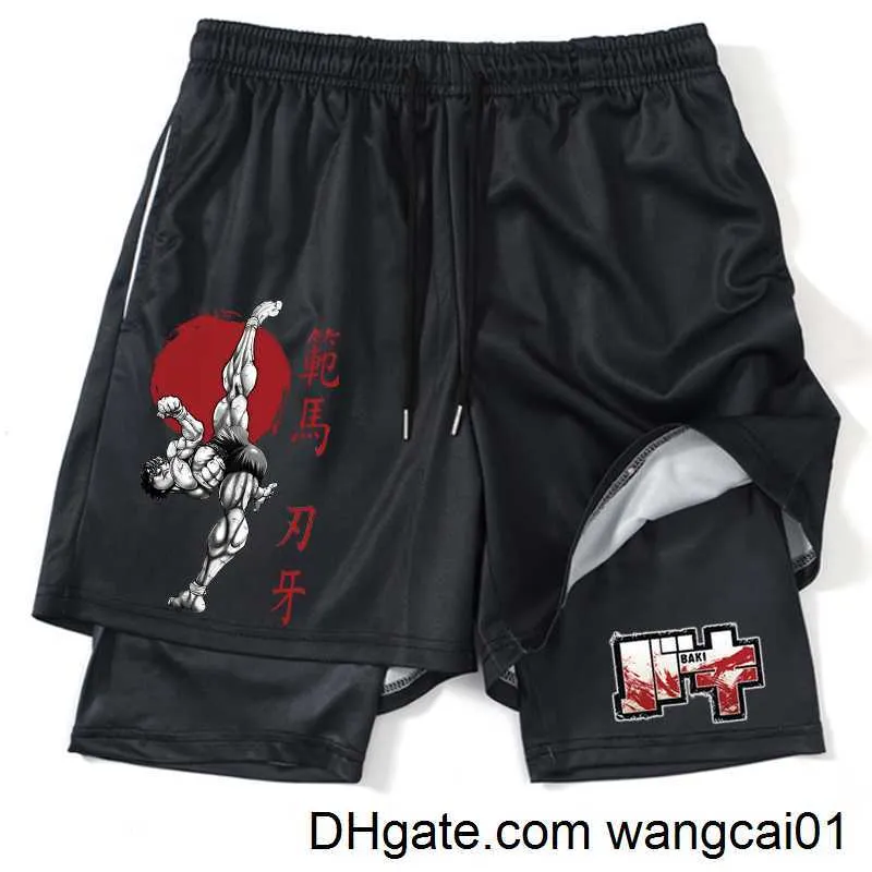Wangcai01 men's Shorts Anime Hanma Baki Gym Shorts Black for Men 2 in1 Mesh Szybkie suche szorty Fitness Męs