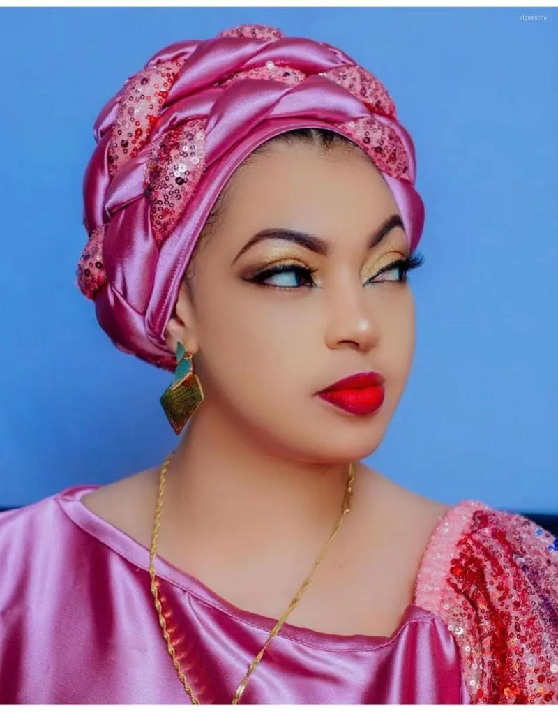 Etniska kläds paljetter flätor afrikanska huvudet nigeria auto gele kvinnor halsduk på motorhuven hatt turban cap huvud wrap muslim hijab aso oke ready made
