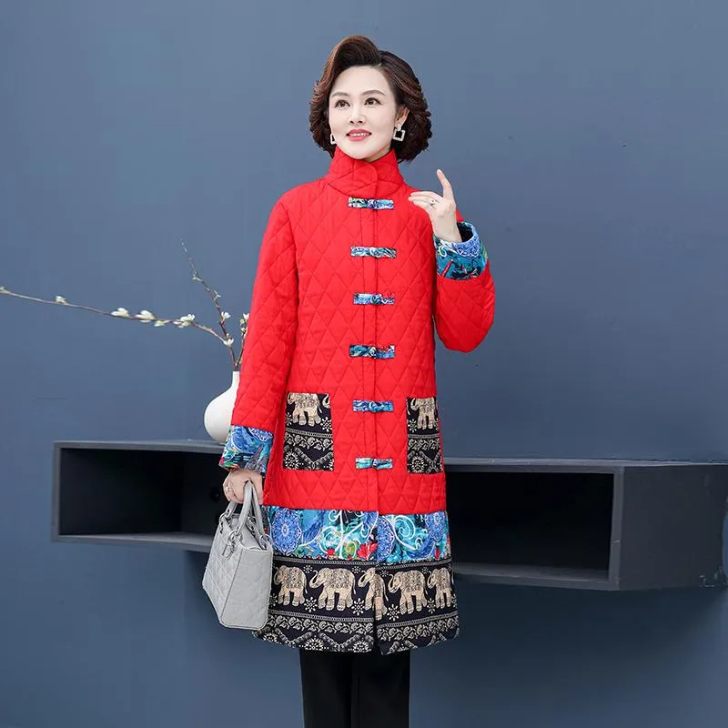 Parkas New Stand Collar Winter Coat Chinese Style Woman Fashion Flower Printing Bomull Lös kappa Kvinnlig stil