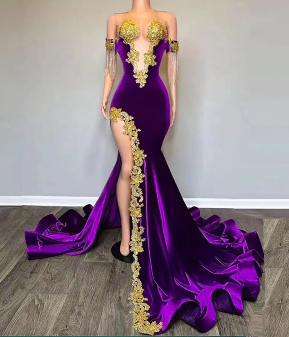 Prom Dresses Purple Party Evening Gown Formal Mermaid Satin Zipper Lace Up New Custom Sleeveless Beaded O-Neck Gold Applique Thigh-High Slits