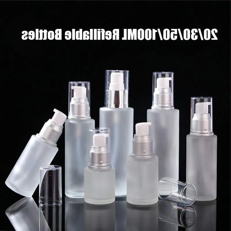 Frosted Glass Bottle Lotion Spray Pump flaskor burkar Parfymcontainer Comestic Refillable förpackningsförpackning 20 ml 30 ml 40 ml 50 ml 60 ml 80 DMKL