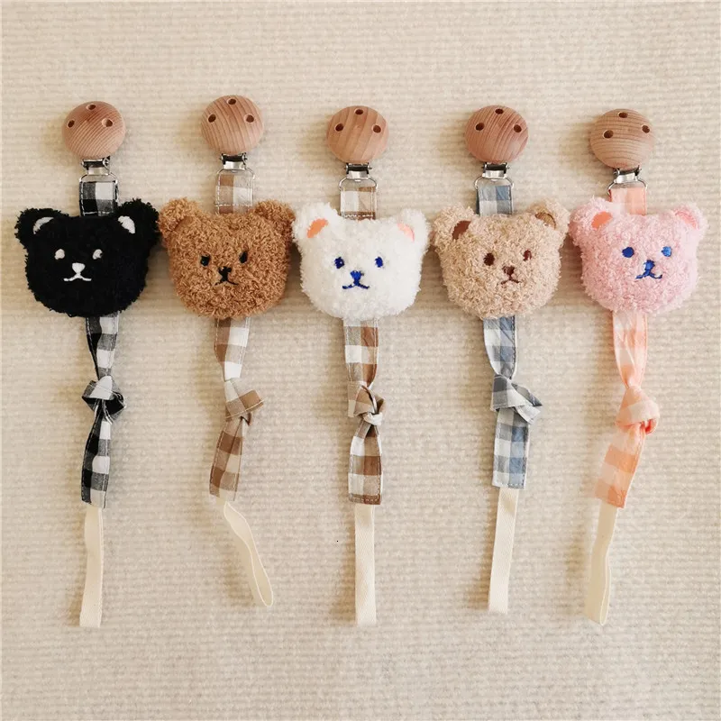 Pacifier Holders Clips# Ins Cute Bear Wooden Soother Clips Baby Holder Plaid Anti Drop Chain born Nipples s Dummy Clip With Dust Bag 230427