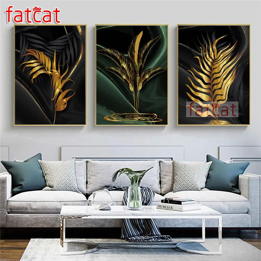 Costure a fatcat dourado e folhas verdes pinturas de diamante triptych 5d bordado em mosaico de mosaico redondo de bordado de bordado ae3300