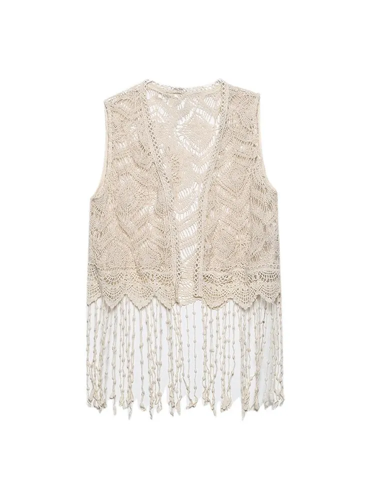 Parkas Summer Clothes for Women Bohemian Vests 2022 Boho Vintage Fringe Hem Crochet Waistcoat Cotton Blend Sleeveless Open Stitch Vest