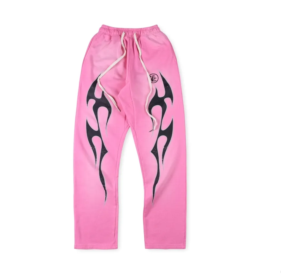 2024 Mens Designers Calças Mulheres Pantsl Hellstar Studios Rosa Chama Calças Sweatpants Homens Jogger Moda Hip Hop Rua Calças Casuais