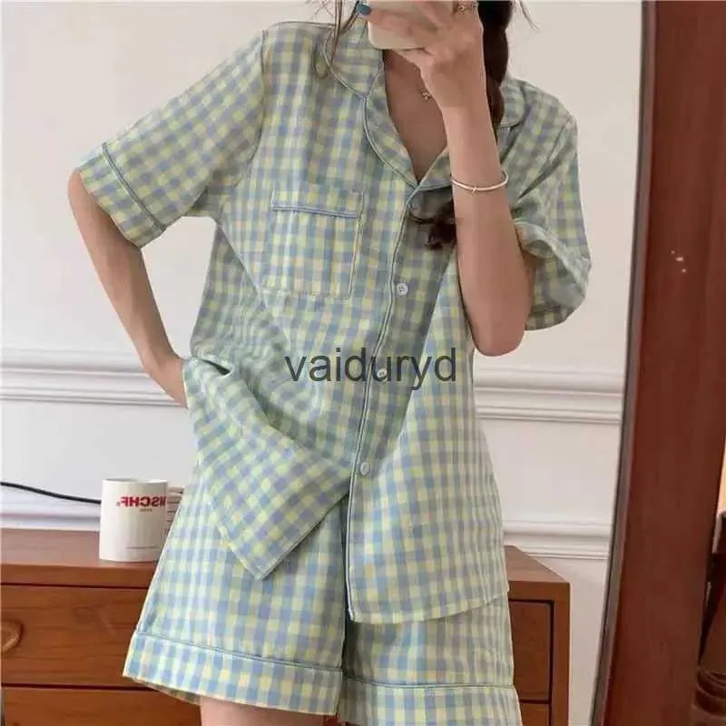 Ubrania domowe kracki kobiety topowe spodenki piżamowe setki setki Japonii w stylu Pijama Loungewear Kieszonkowy Summer Dwupoziomowy zestaw nocny garnitur domowy 2023vaiduryd