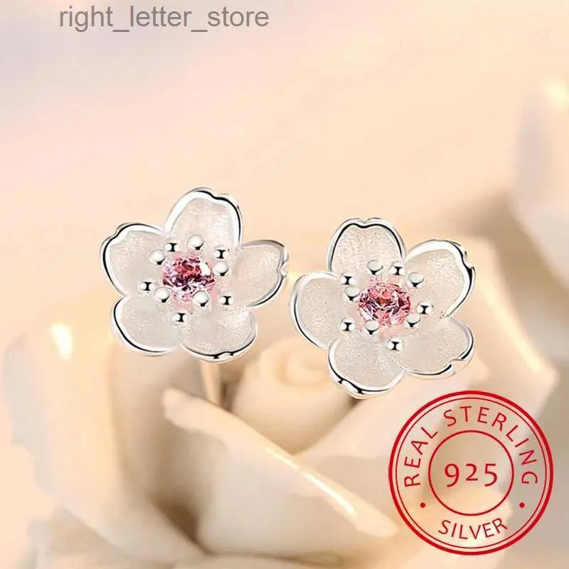 Stud 925 sterling zilveren oorbellen Kersenbloesem ingelegd roze zirkonia oor Schattige oorknopjes voor vrouwen Bruiloft Sieraden Cadeau YQ231128