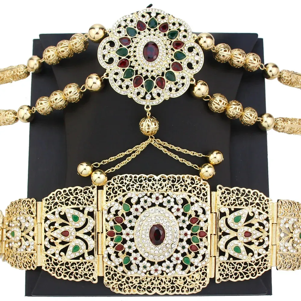 Andra modetillbehör Sunspicems Gold Color Marocko Jewelry Caftan Belt Shoulder Chest Chady Women Belly Chain Body Jewelry Bride Wedding Accessories 231127