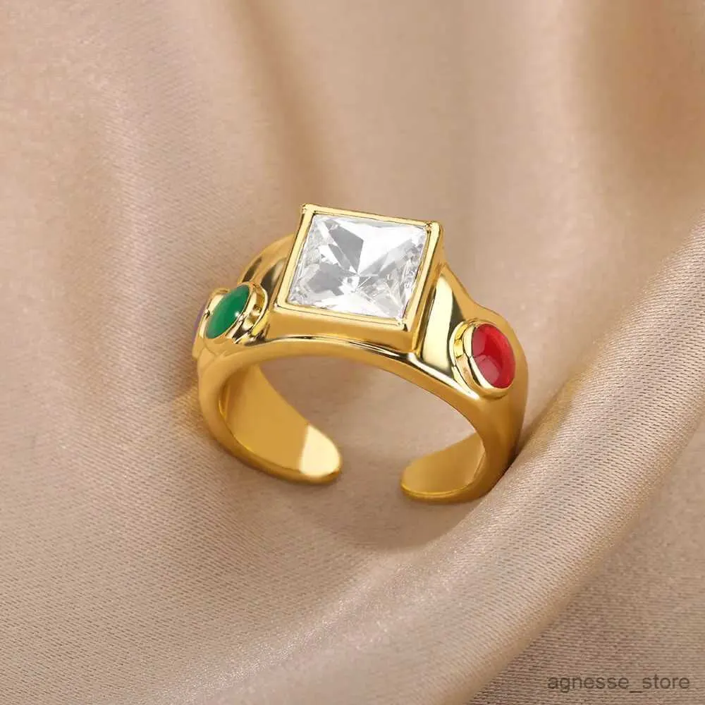 Bandringen Kleurrijke Steen Vergulde Ringen Voor Vrouwen Mannen Opening Roestvrij Staal Geometrische Brede Ring Charme Bruiloft Sieraden Feestcadeau R231130