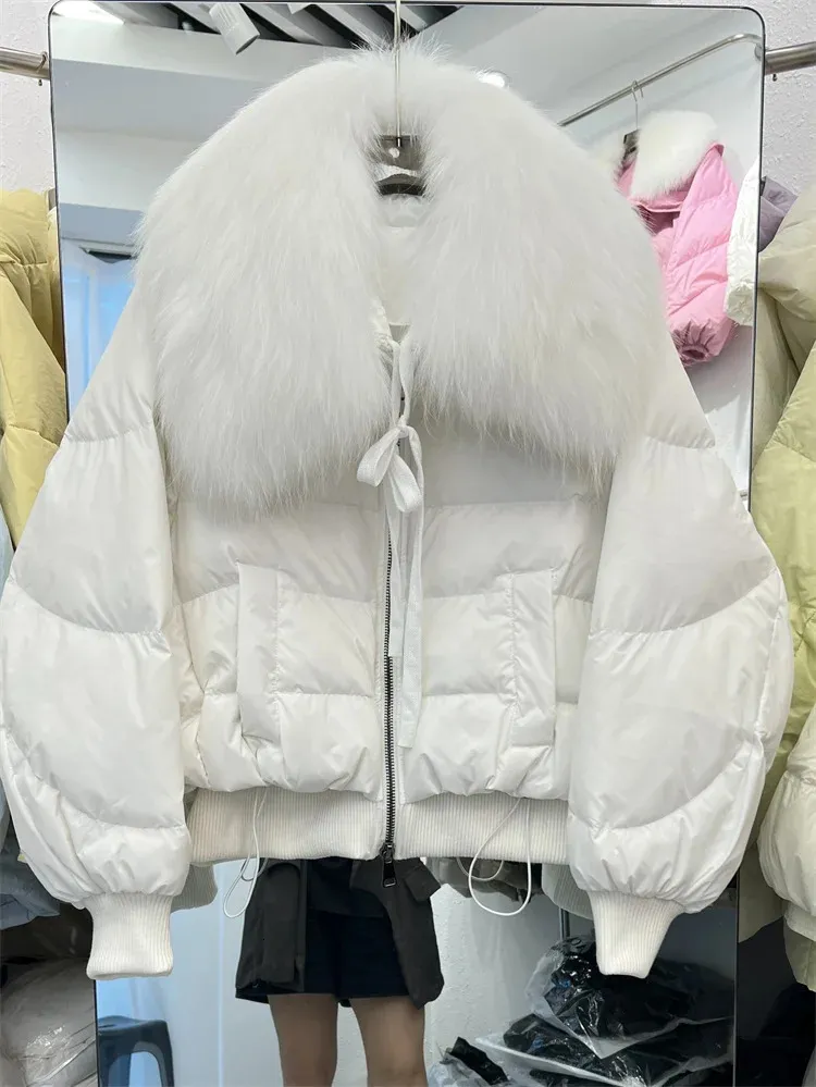 Fourrure femme Fausse fourrure mode hiver réel col de fourrure de renard épais femmes manteau chaud 90% blanc duvet d'oie veste de luxe vêtements d'extérieur femme veste 231128