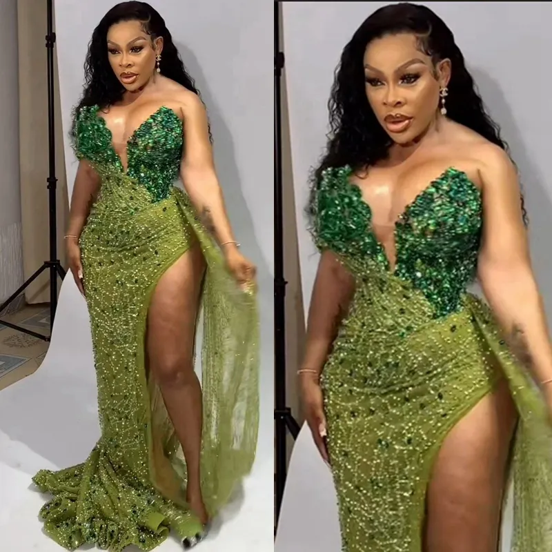 Emerald Aso Ebi Prompare Sparkling кружевные русалка вечерние платья.